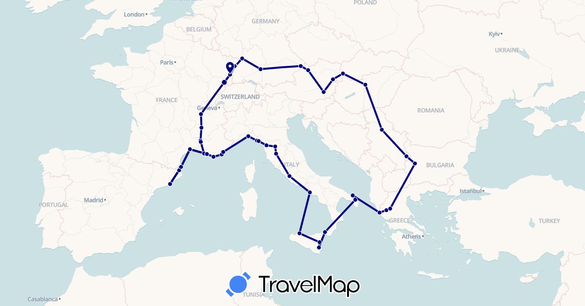 TravelMap itinerary: driving in Austria, Bulgaria, Germany, Spain, France, Greece, Hungary, Italy, Serbia, Slovakia (Europe)